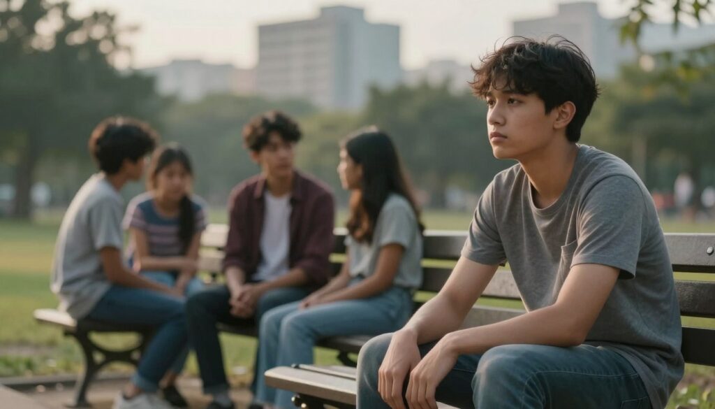 A somber scene depicting the emotional impact of children of alcoholics. In the foreground, a young adult, dressed in modest casual clothing, sits thoughtfully on a park bench, gazing into the distance with a pensive expression. Their posture reflects a mix of reflection and uncertainty. In the middle ground, several blurred figures of peers engage in conversations, illustrating a sense of connection yet maintaining a distance, symbolizing the challenges of intimacy. The background features a slightly blurred cityscape with soft, diffused lighting, creating a melancholic yet hopeful atmosphere. The image is captured from a low angle, emphasizing the weight of personal struggles while maintaining a sense of openness, with golden hour lighting adding warmth and depth. A somber scene depicting the emotional impact of children of alcoholics. In the foreground, a young adult, dressed in modest casual clothing, sits thoughtfully on a park bench, gazing into the distance with a pensive expression. Their posture reflects a mix of reflection and uncertainty. In the middle ground, several blurred figures of peers engage in conversations, illustrating a sense of connection yet maintaining a distance, symbolizing the challenges of intimacy. The background features a slightly blurred cityscape with soft, diffused lighting, creating a melancholic yet hopeful atmosphere. The image is captured from a low angle, emphasizing the weight of personal struggles while maintaining a sense of openness, with golden hour lighting adding warmth and depth.
