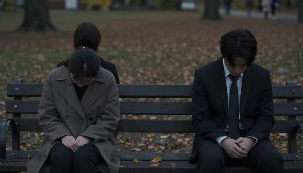 A somber scene depicting the stages of relationship decline, focusing on two figures sitting apart on a park bench, showing visible emotional distance. The foreground features one individual in professional attire looking pensive, while the other appears withdrawn, gazing at the ground. In the middle ground, with a blurred focus, a few scattered leaves emphasize the passage of time and fading connection. The background consists of a soft, out-of-focus landscape with muted colors, suggesting early autumn, symbolizing change. The lighting is dim and moody, casting gentle shadows to enhance the atmosphere of discontent and introspection. The overall composition conveys a feeling of loneliness and contemplation, inviting viewers to reflect on the intricacies of emotional disconnect. A somber scene depicting the stages of relationship decline, focusing on two figures sitting apart on a park bench, showing visible emotional distance. The foreground features one individual in professional attire looking pensive, while the other appears withdrawn, gazing at the ground. In the middle ground, with a blurred focus, a few scattered leaves emphasize the passage of time and fading connection. The background consists of a soft, out-of-focus landscape with muted colors, suggesting early autumn, symbolizing change. The lighting is dim and moody, casting gentle shadows to enhance the atmosphere of discontent and introspection. The overall composition conveys a feeling of loneliness and contemplation, inviting viewers to reflect on the intricacies of emotional disconnect.