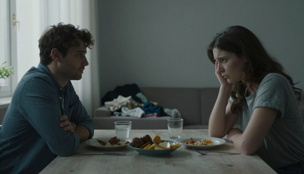 A somber scene illustrating the concept of disrespect in relationships. In the foreground, a couple sits at a dining table, their body language expressing a lack of connection; one partner turns away, arms crossed, while the other leans forward with a disappointed expression. In the middle ground, an uneaten meal adds to the sense of neglect. Soft, diffused natural light filters through a nearby window, casting gentle shadows that enhance the mood of tension. In the background, a cluttered living space reflects chaos and neglect, symbolizing emotional distance. The color palette is muted with shades of gray and soft blues to evoke a feeling of discomfort and separation. The overall atmosphere conveys a deep sense of disconnection, perfect for illustrating the theme of loss of respect in daily life. A somber scene illustrating the concept of disrespect in relationships. In the foreground, a couple sits at a dining table, their body language expressing a lack of connection; one partner turns away, arms crossed, while the other leans forward with a disappointed expression. In the middle ground, an uneaten meal adds to the sense of neglect. Soft, diffused natural light filters through a nearby window, casting gentle shadows that enhance the mood of tension. In the background, a cluttered living space reflects chaos and neglect, symbolizing emotional distance. The color palette is muted with shades of gray and soft blues to evoke a feeling of discomfort and separation. The overall atmosphere conveys a deep sense of disconnection, perfect for illustrating the theme of loss of respect in daily life.