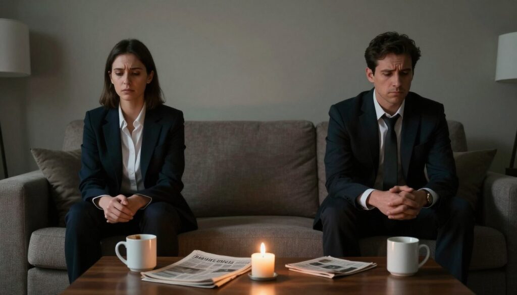 A somber scene in a dimly lit living room, where two individuals in professional business attire sit on opposite ends of a contemporary sofa, separated by an invisibly thick wall of silence. The foreground features their tense expressions, reflecting deep contemplation and emotional distance, with the warmth of a flickering candle casting shadows on their furrowed brows. In the middle ground, a coffee table cluttered with untouched mugs and a partially folded newspaper symbolizes unspoken words and unresolved issues. The background showcases a muted color palette, with soft lighting that creates an atmosphere of melancholy and introspection. The overall mood conveys a sense of isolation and emotional withdrawal, highlighting the theme of silence as both a refuge and a punishment in relationships.