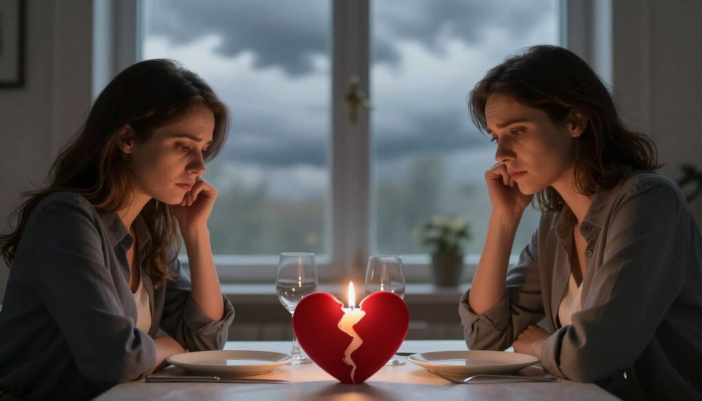 A somber scene representing warning signs in a relationship. In the foreground, a couple sits at a dining table, both portraying subtle expressions of concern and disappointment, dressed in smart casual attire. In the middle ground, a broken heart symbol subtly emerges in the table setting, with a flickering candle casting warm light that highlights the tension. In the background, out of focus, a window shows a cloudy sky, hinting at an impending storm, enhancing the emotional atmosphere. The overall mood should convey a sense of urgency and introspection, with soft lighting to create a contemplative environment. The composition is framed using a shallow depth of field to focus on the couple’s expressions while blurring the background. A somber scene representing warning signs in a relationship. In the foreground, a couple sits at a dining table, both portraying subtle expressions of concern and disappointment, dressed in smart casual attire. In the middle ground, a broken heart symbol subtly emerges in the table setting, with a flickering candle casting warm light that highlights the tension. In the background, out of focus, a window shows a cloudy sky, hinting at an impending storm, enhancing the emotional atmosphere. The overall mood should convey a sense of urgency and introspection, with soft lighting to create a contemplative environment. The composition is framed using a shallow depth of field to focus on the couple’s expressions while blurring the background.
