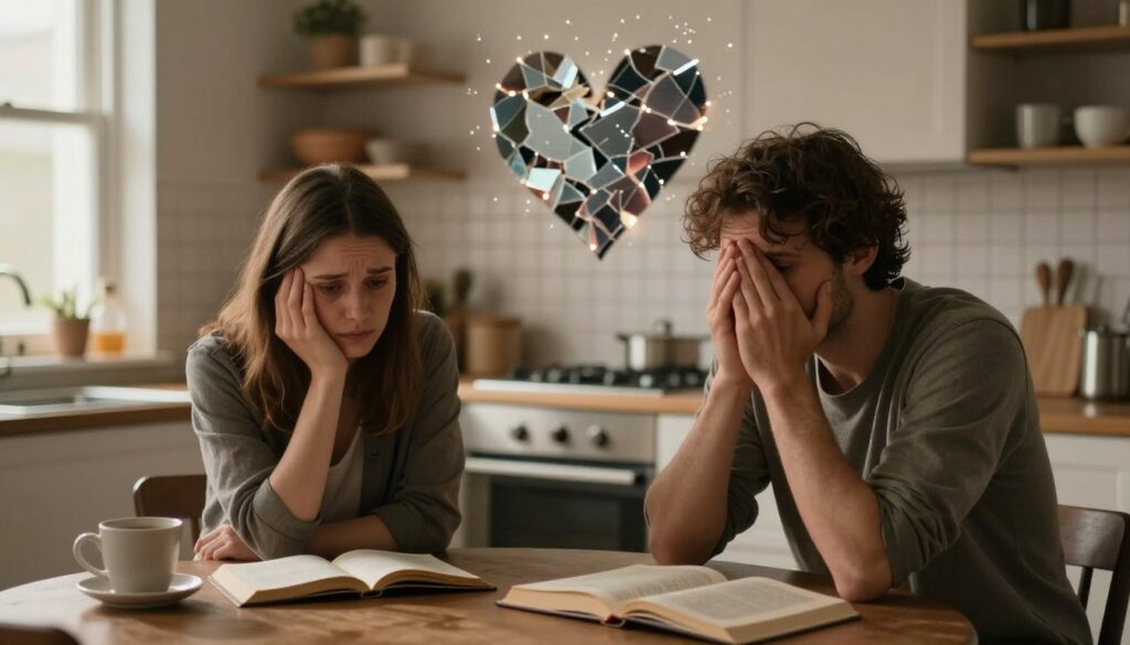 A somber, yet hopeful depiction of emotional betrayal and the process of rebuilding trust after a crisis. In the foreground, a couple, depicted in modest casual clothing, sits at a kitchen table, expressing a range of emotions—sadness, contemplation, and a hint of reconciliation. Their body language suggests vulnerability but also a desire to connect. In the middle ground, a warm, softly lit kitchen, filled with elements of daily life: a coffee cup, open books, and a soft light streaming in from a nearby window, symbolizing a new beginning. In the background, an abstract representation of a shattered heart composed of luminous shards, emphasizing the emotional turmoil but also glimmering with the potential for healing. The overall atmosphere is intimate and reflective, capturing the complexity of overcoming betrayal.