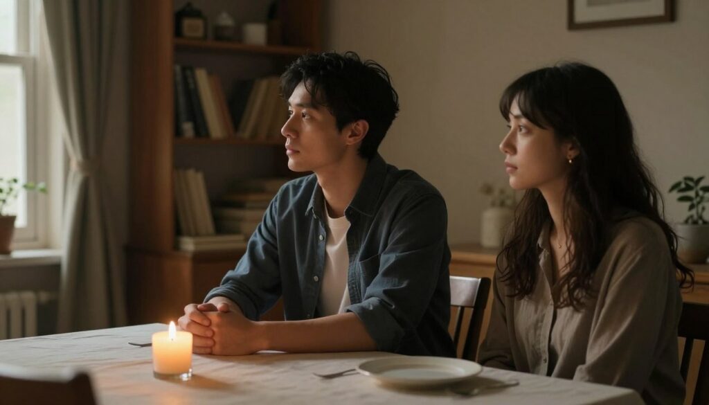 A somber yet reflective scene depicting a couple seated at a dining table in a warmly lit, cozy room. The man, in a smart casual outfit, looks contemplative while the woman, in modest casual attire, gazes out the window with a distant expression. On the table, a flickering candle casts soft shadows, enhancing the atmosphere of introspection. In the background, blurred shelves filled with books and personal items create a sense of intimacy and history. The overarching mood is one of melancholy and contemplation, illustrating the emotional disconnect and questioning phase in the relationship. The lighting is warm and soft, creating a feeling of nostalgia and longing, with the camera angle focused on the couple from a slight distance to convey their emotional distance.