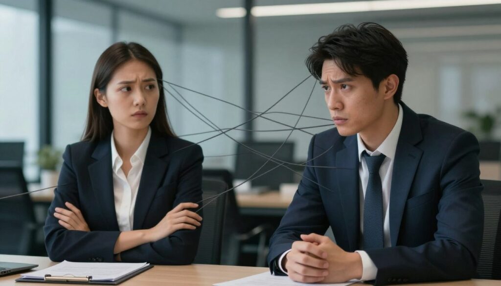 A somber yet thought-provoking scene depicting the theme of control and fear of rejection in relationships. In the foreground, a professional setting features two individuals in business attire, seated at a conference table, their expressions reflecting tension and uncertainty. The woman, with crossed arms, displays body language indicating defensiveness, while the man appears earnest but hesitant, leaning slightly forward. In the middle ground, an abstract representation of tangled lines symbolizing emotional barriers and communication struggles weaves around them. The background showcases a blurred office environment with soft, diffused lighting to create an intimate atmosphere, highlighting the emotional complexity of their interaction. The overall mood is one of introspection and unease, evoking the challenges present in close relationships shaped by past trauma and anxiety. A somber yet thought-provoking scene depicting the theme of control and fear of rejection in relationships. In the foreground, a professional setting features two individuals in business attire, seated at a conference table, their expressions reflecting tension and uncertainty. The woman, with crossed arms, displays body language indicating defensiveness, while the man appears earnest but hesitant, leaning slightly forward. In the middle ground, an abstract representation of tangled lines symbolizing emotional barriers and communication struggles weaves around them. The background showcases a blurred office environment with soft, diffused lighting to create an intimate atmosphere, highlighting the emotional complexity of their interaction. The overall mood is one of introspection and unease, evoking the challenges present in close relationships shaped by past trauma and anxiety.