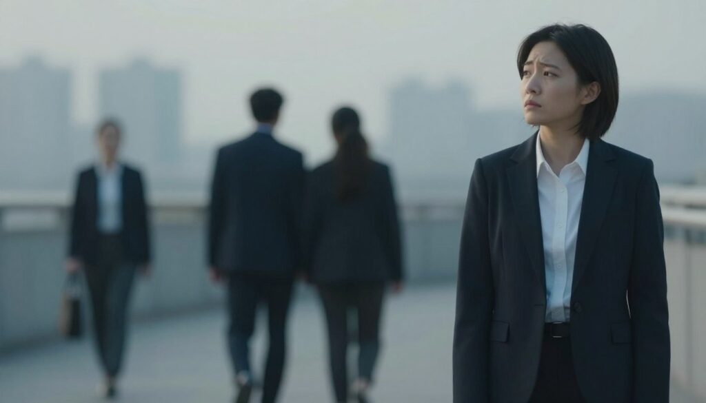 A split image depicting the emotional struggle of "psychological divorce." In the foreground, a person in professional attire stands with a contemplative expression, reflecting solitude and introspection. Their body language suggests a sense of liberation yet also sorrow, as they look away from a distant, blurred figure symbolizing an estranged partner. The middle ground shows a series of blurred silhouettes of a couple walking away from each other, representing the gradual disconnection in their relationship. In the background, a muted, soft-lit cityscape creates a feeling of distance and change, with hues of blue and gray to enhance the somber yet hopeful tone. The overall mood should convey a complex mixture of melancholy and the promise of autonomy, with gentle, diffused natural lighting for a reflective atmosphere. A split image depicting the emotional struggle of "psychological divorce." In the foreground, a person in professional attire stands with a contemplative expression, reflecting solitude and introspection. Their body language suggests a sense of liberation yet also sorrow, as they look away from a distant, blurred figure symbolizing an estranged partner. The middle ground shows a series of blurred silhouettes of a couple walking away from each other, representing the gradual disconnection in their relationship. In the background, a muted, soft-lit cityscape creates a feeling of distance and change, with hues of blue and gray to enhance the somber yet hopeful tone. The overall mood should convey a complex mixture of melancholy and the promise of autonomy, with gentle, diffused natural lighting for a reflective atmosphere.