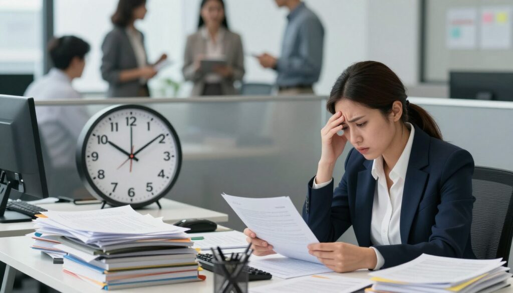 A split image depicting the impact of perfectionism on daily life. In the foreground, an overwhelmed professional woman dressed in smart business attire sits at a cluttered desk, her face displaying stress as she reviews numerous documents and tasks. The middle layer shows a clock ticking loudly, symbolizing the pressure of time. In the background, a blurred scene of a bustling office environment with colleagues engaged in conversation, highlighting the contrast between collaboration and personal stress. Soft, diffused lighting creates a tense atmosphere, while an angled view captures the woman’s focus on her never-ending tasks. The overall mood reflects a sense of conflict between striving for perfection and the chaos of everyday responsibilities. A split image depicting the impact of perfectionism on daily life. In the foreground, an overwhelmed professional woman dressed in smart business attire sits at a cluttered desk, her face displaying stress as she reviews numerous documents and tasks. The middle layer shows a clock ticking loudly, symbolizing the pressure of time. In the background, a blurred scene of a bustling office environment with colleagues engaged in conversation, highlighting the contrast between collaboration and personal stress. Soft, diffused lighting creates a tense atmosphere, while an angled view captures the woman’s focus on her never-ending tasks. The overall mood reflects a sense of conflict between striving for perfection and the chaos of everyday responsibilities.
