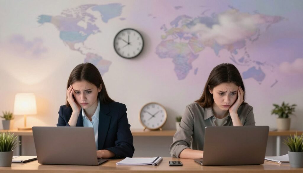 A split image illustrating the emotional challenges of long-distance relationships. In the foreground, a young couple sitting at their respective desks, looking at their laptops with expressions of longing and concern. One partner wears professional business attire, while the other is in modest casual clothing. In the middle ground, use soft lighting to create a warm atmosphere, highlighting elements like a clock symbolizing time differences, and a map showing distances between their locations. The background features dreamy, ethereal clouds that symbolize the distance between them, blending pastel colors to evoke a sense of yearning and connection. The overall mood should be contemplative yet hopeful, illustrating the emotional bond that perseveres despite physical separation. A split image illustrating the emotional challenges of long-distance relationships. In the foreground, a young couple sitting at their respective desks, looking at their laptops with expressions of longing and concern. One partner wears professional business attire, while the other is in modest casual clothing. In the middle ground, use soft lighting to create a warm atmosphere, highlighting elements like a clock symbolizing time differences, and a map showing distances between their locations. The background features dreamy, ethereal clouds that symbolize the distance between them, blending pastel colors to evoke a sense of yearning and connection. The overall mood should be contemplative yet hopeful, illustrating the emotional bond that perseveres despite physical separation.