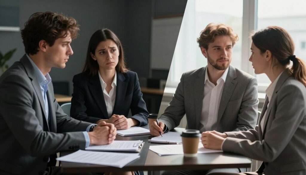 A split image illustrating the theme of "toxic relationship or temporary crisis." On the left, a man and woman in professional business attire sitting across from each other at a small table, their expressions strained and disheartened, with shadows emphasizing their emotional distance. The foreground shows papers and a coffee cup, symbolizing ongoing discussions and unresolved issues. The middle background features a dimly lit room, reflecting a tense atmosphere. On the right, the same couple, but their expressions soften, as they share a moment of laughter, surrounded by bright sunlight, symbolizing hope and reconciliation. The transition from the dark tones on the left to the warm light on the right creates a visual contrast between despair and potential renewal. The angle is slightly tilted to enhance the feeling of turmoil.