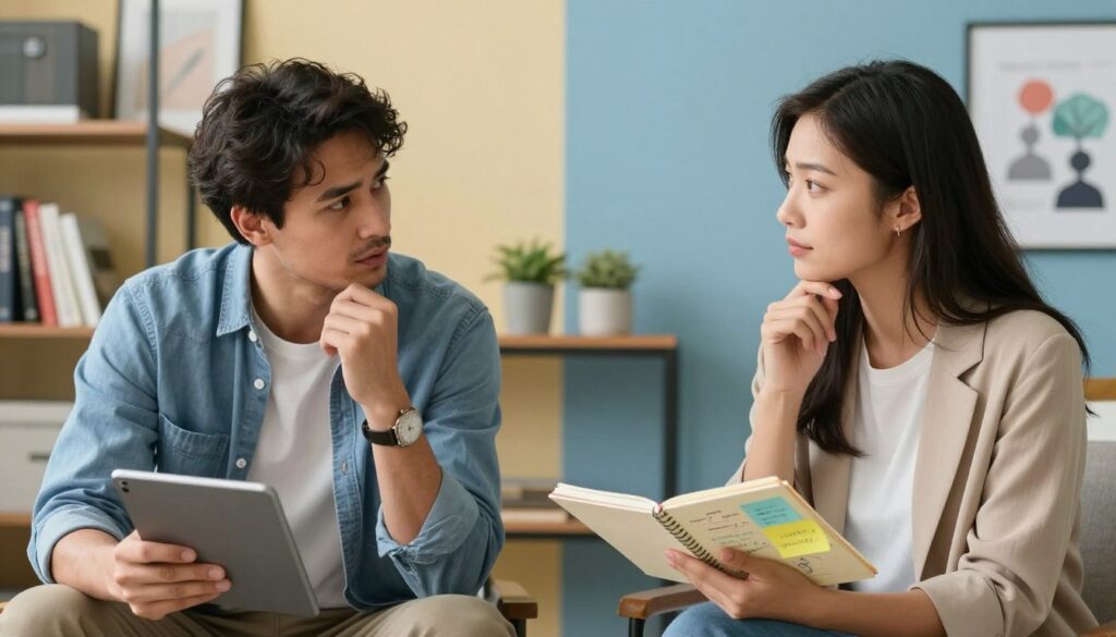 A split-scene image illustrating the differences in perception between men and women. In the foreground, depict a well-dressed man and woman in professional casual attire, engaged in a thoughtful discussion. The man, on the left, appears analytical, focusing on a digital tablet, showcasing logical data. The woman, on the right, holds a notepad with colorful notes, emphasizing emotional connections and expressive ideas. In the middle ground, a subtle division between warm and cool color palettes symbolizes their distinct perspectives. The background features a modern office environment with shelves of books and motivational art that reflects both logical and emotional themes. Soft, natural lighting enhances the warmth of the scene, creating an atmosphere of collaboration and understanding, captured from a mid-angle perspective.