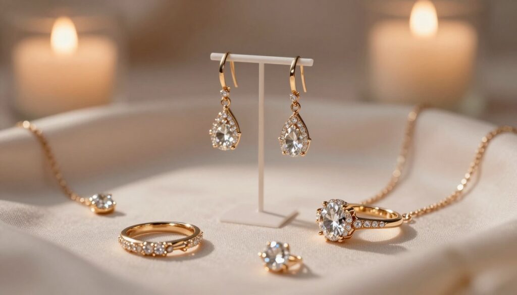 A stunning close-up of elegant jewelry pieces displayed artistically on a soft, textured fabric backdrop. The foreground features intricately designed rings and necklaces, capturing the shimmer of diamonds and the warmth of gold. In the middle ground, a delicate pair of earrings gracefully dangles from a minimalist display stand, reflecting subtle light. The background is softly blurred, showcasing a faint outline of a romantic setting with gentle candlelight glimmers, creating a warm and intimate atmosphere. The lighting is soft and diffused, emphasizing the brilliance of the gemstones while casting gentle shadows. The overall mood is romantic and sentimental, embodying the essence of jewelry as a lasting symbol of deep feelings and connections.