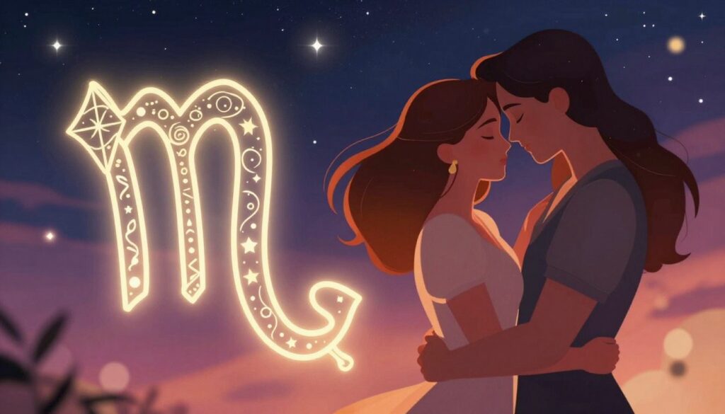 A stylized illustration of a Scorpio represented as a partner in love, set in a romantic ambiance. In the foreground, depict a Scorpio symbol intricately designed with celestial patterns, glowing softly. In the middle, show a couple in a tender embrace, both dressed in elegant attire; their expressions reflect deep emotion and connection. The background features a starry night sky with vibrant colors, enhancing the chemistry between them, with soft bokeh lights to create a dreamy atmosphere. Use warm, inviting lighting to evoke feelings of intimacy and passion. Capture the scene from a slightly elevated angle, focusing on the couple and the Scorpio symbol intertwined in the design, emphasizing the theme of a strong emotional bond.