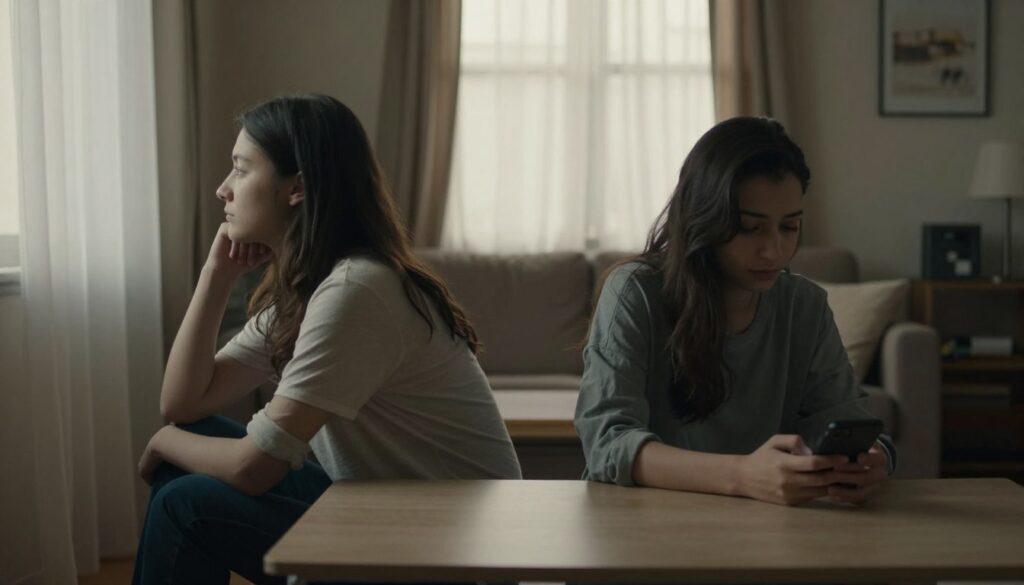 A subtle, poignant scene representing the symptoms of quiet quitting in a relationship. In the foreground, a couple sits at a small coffee table, their bodies turned slightly away from each other, creating a sense of emotional distance. One partner gazes out the window, reflecting a feeling of detachment, while the other stares blankly at their smartphone, symbolizing disengagement. In the middle, a softly-lit ambiance emphasizes their solitude, with warm, muted colors enhancing the mood of melancholy. The background features a cozy living room setting, with personal items hinting at a deeper history, yet untouched by recent intimacy. The lighting is natural, streaming in through sheer curtains, casting gentle shadows that enhance the somber atmosphere, suggesting a quiet unraveling of connection between them. A subtle, poignant scene representing the symptoms of quiet quitting in a relationship. In the foreground, a couple sits at a small coffee table, their bodies turned slightly away from each other, creating a sense of emotional distance. One partner gazes out the window, reflecting a feeling of detachment, while the other stares blankly at their smartphone, symbolizing disengagement. In the middle, a softly-lit ambiance emphasizes their solitude, with warm, muted colors enhancing the mood of melancholy. The background features a cozy living room setting, with personal items hinting at a deeper history, yet untouched by recent intimacy. The lighting is natural, streaming in through sheer curtains, casting gentle shadows that enhance the somber atmosphere, suggesting a quiet unraveling of connection between them.