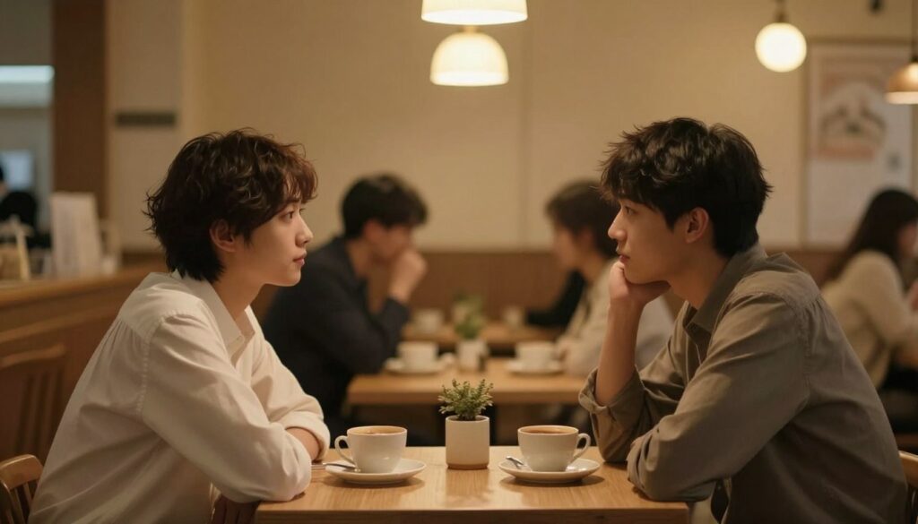 A subtle yet thought-provoking scene depicting the complexities of seeking an immediate spark in new relationships. In the foreground, two individuals sit at a cozy, intimate café table, each dressed in smart casual attire, exchanging hesitant glances. The middle of the image features an array of soft, warm lights casting a romantic glow, representing fleeting moments of connection. In the background, blurred figures can be seen, symbolizing the distractions and pressures of societal expectations. The atmosphere is a blend of hope and uncertainty, with colors like soft yellows and browns invoking warmth and introspection. The angle captures a slightly elevated viewpoint, emphasizing the distance and emotions between the two characters, fostering a sense of narrative tension.