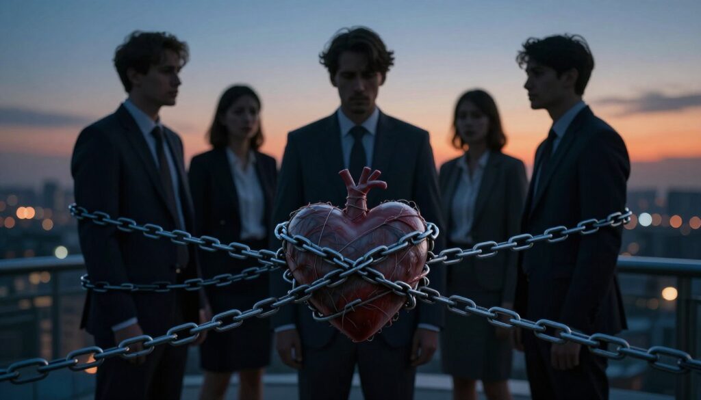 A surreal and abstract representation of the mechanisms of traumatic attachment. In the foreground, delicate chains intertwine symbolically around a heart, conveying a sense of emotional binding. The middle ground features shadowy figures in professional business attire, their faces expressing a mix of anxiety and longing, illustrating the complex interplay of attachment and fear. The background is a blurred cityscape at dusk, casting a somber yet hopeful light, with soft gradients of blue and orange enhancing the mood. The lighting is dramatic, creating deep contrasts to emphasize the emotional tension. The composition should be framed at eye level, inviting viewers to ponder the intricacies of psychological bonds, while maintaining a sense of professionalism and respect for the subject matter. A surreal and abstract representation of the mechanisms of traumatic attachment. In the foreground, delicate chains intertwine symbolically around a heart, conveying a sense of emotional binding. The middle ground features shadowy figures in professional business attire, their faces expressing a mix of anxiety and longing, illustrating the complex interplay of attachment and fear. The background is a blurred cityscape at dusk, casting a somber yet hopeful light, with soft gradients of blue and orange enhancing the mood. The lighting is dramatic, creating deep contrasts to emphasize the emotional tension. The composition should be framed at eye level, inviting viewers to ponder the intricacies of psychological bonds, while maintaining a sense of professionalism and respect for the subject matter.