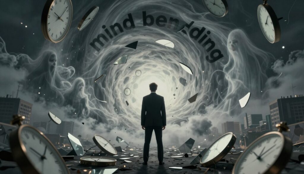 A surreal and abstract visualization of "mind bending" to depict the concept of cognitive dissonance and reality distortion, with a swirling vortex of thoughts and emotions at the center. In the foreground, a figure in professional business attire stands amidst a chaotic mixture of fragmented mirrors and distorted clock faces, symbolizing confusion and instability. The middle ground features a cloudy haze with intertwining, ghostly silhouettes that represent conflicting ideas and memories. The background should show a blurred landscape of twisted urban architecture, echoing feelings of entrapment and disorientation. The lighting is dim yet dramatic, casting soft shadows to enhance the atmosphere of tension and unease. Capture this scene from a low angle, emphasizing the overwhelming nature of the mind's turmoil. A surreal and abstract visualization of "mind bending" to depict the concept of cognitive dissonance and reality distortion, with a swirling vortex of thoughts and emotions at the center. In the foreground, a figure in professional business attire stands amidst a chaotic mixture of fragmented mirrors and distorted clock faces, symbolizing confusion and instability. The middle ground features a cloudy haze with intertwining, ghostly silhouettes that represent conflicting ideas and memories. The background should show a blurred landscape of twisted urban architecture, echoing feelings of entrapment and disorientation. The lighting is dim yet dramatic, casting soft shadows to enhance the atmosphere of tension and unease. Capture this scene from a low angle, emphasizing the overwhelming nature of the mind's turmoil.
