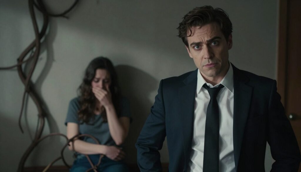 A surreal depiction of manipulation in a relationship characterized by narcissism. In the foreground, a figure representing the narcissistic partner, dressed in sharp business attire, exudes a confident yet unsettling charisma, with exaggerated facial features conveying a sense of control. In the middle ground, the distressed partner, in modest casual clothing, appears emotionally withdrawn, their posture reflecting confusion and sadness as they are seemingly ensnared by dark, twisting vines that symbolize manipulation. The background features a dimly lit room, with shadows casting dramatic effects, enhancing the atmosphere of emotional turmoil. Soft, diffused lighting highlights the contrast between the two characters, creating a tense and thought-provoking mood, focusing on the complexity of emotional exhaustion.