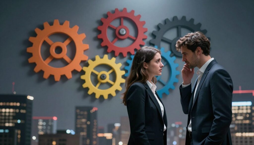 A surreal depiction of the mechanism of idealization and devaluation in a relationship. In the foreground, a couple stands facing each other, their expressions conveying intense emotion—joy and admiration on one side, and sadness and disappointment on the other. They are dressed in professional business attire. In the middle ground, abstract gears and cogs symbolize the psychological mechanisms at play, blending into vibrant colors representing idealization and darker tones for devaluation. The background features a blurred cityscape, hinting at the pressures of society and external expectations. Soft, dramatic lighting from above casts shadows, creating a tense yet reflective atmosphere, capturing the complexities of emotional relationships. The camera angle is slightly low, emphasizing the couple’s stature against the abstract elements.