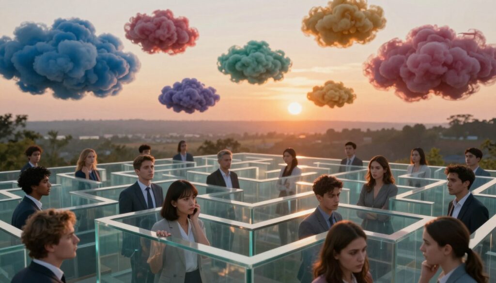A surreal depiction of the mental traps and myths surrounding love, emphasizing the complexities of relationships. In the foreground, an intricately designed maze made of transparent glass reflects the faces of diverse couples, dressed in professional attire, looking confused and contemplative. In the middle ground, swirling clouds of vibrant colors symbolize various emotions: jealousy, insecurity, and longing. The background features a serene landscape with a sunset casting warm, golden light, creating a contrast between chaos and calm. The scene conveys a mood of introspection and exploration, inviting viewers to reflect on their own beliefs about love. Soft lighting enhances the emotional depth, while a slight vignette focuses attention on the maze, encouraging visual engagement.