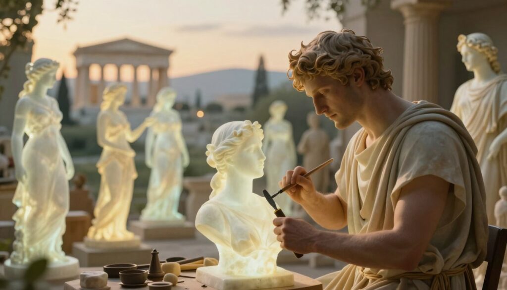 A surreal depiction of the mythological roots of the Pygmalion effect, showcasing a Greek sculptor in a serene workshop, surrounded by ethereal, glowing sculptures that represent human emotions and expectations. In the foreground, the sculptor chisels a statue of a woman with a contemplative expression, symbolizing idealized love. The middle ground features sculptures of diverse figures, each radiating a soft light, illustrating various relationships influenced by expectations. The background reveals an ancient Greek landscape bathed in warm, golden sunlight, adding to the atmosphere of creativity and inspiration. The scene evokes a sense of hope and transformation, with subtle hints of magic in the air, captured through a soft focus lens to enhance the dreamlike quality.