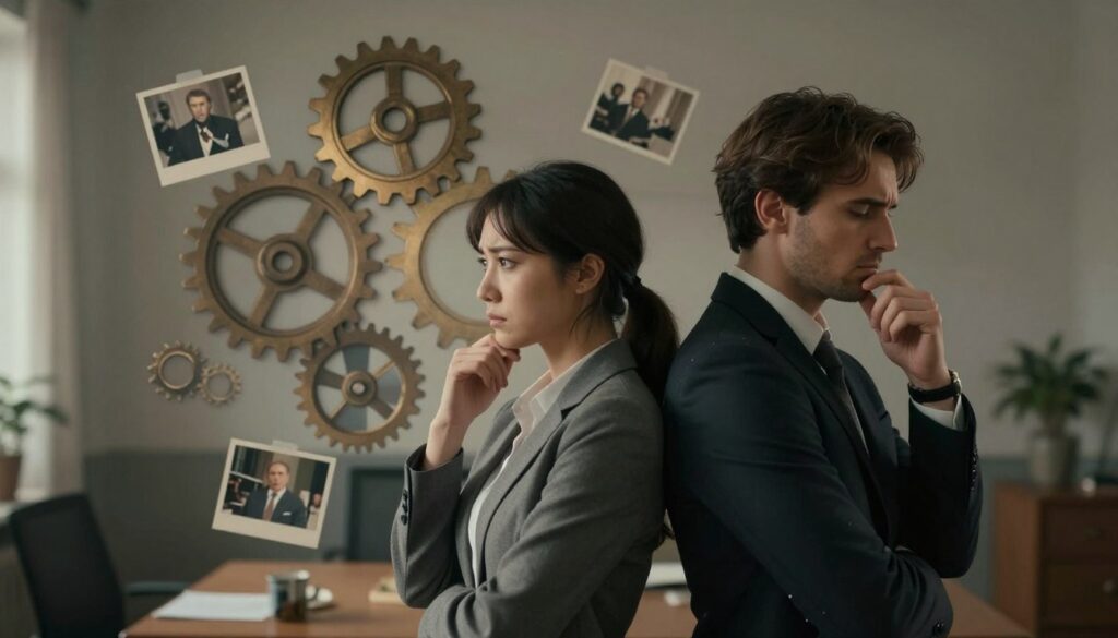 A surreal representation of psychological mechanisms affecting relationships, featuring a couple in the foreground, standing back-to-back, dressed in professional business attire. Their expressions convey deep contemplation, reflecting confusion and emotional struggle. In the middle ground, intertwining gears and cogs symbolize complex inner thoughts, blended seamlessly with fading memories like photographs and soft whispers. The background features a dimly lit room with soft, ambient light casting shadows, enhancing the atmosphere of introspection and melancholy. The overall color palette utilizes muted tones with pops of warmth to evoke a sense of nostalgia and quiet tension. Capture the scene from a slightly elevated angle, focusing on the couple and the metaphorical elements, creating an engaging and thought-provoking visual.