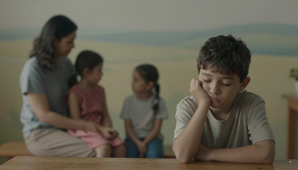 A symbolic representation of how childhood deficiencies affect adult relationships. In the foreground, a solitary figure sits at a table, reflecting emotionally, with half-closed eyes and a thoughtful expression, dressed in simple, modest clothing. In the middle ground, a blurred image of a familial scene unfolds, showing a nurturing but distant interaction between parents and children, capturing a sense of longing. The background features soft, muted colors of an abstract landscape, evoking feelings of nostalgia and warmth. Soft, diffused lighting bathes the scene, creating a calm yet introspective atmosphere. The overall mood is reflective, inviting viewers to contemplate the deep connection between childhood experiences and adult emotional needs.