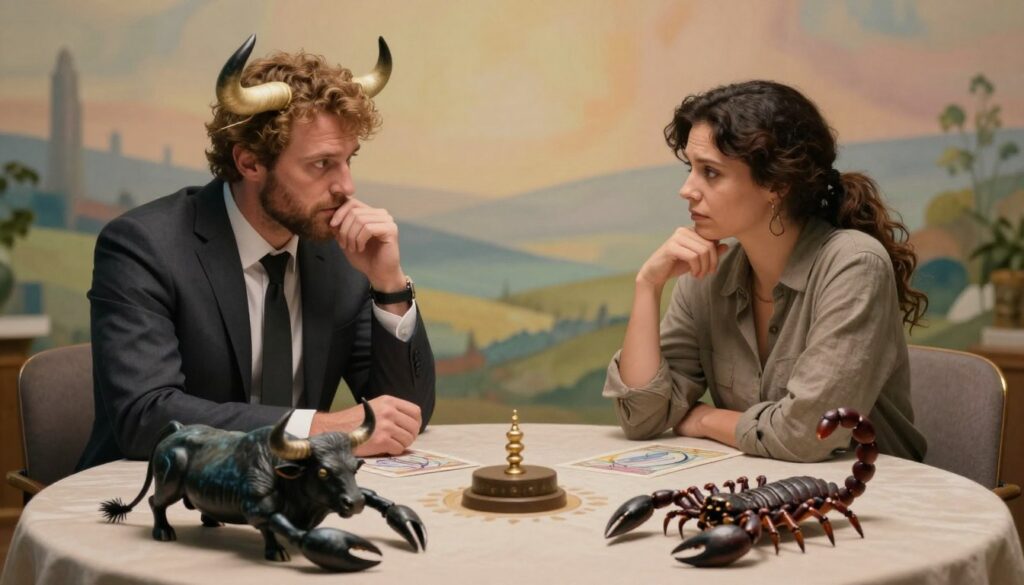 A symbolic representation of persistence and control, featuring a strong Taurus and a determined Scorpio at a round table, engaged in a thoughtful and intense conversation. The Taurus, dressed in professional business attire, embodies steadfastness, while the Scorpio, in modest casual clothing, showcases intensity and depth. In the foreground, intricate elements symbolize their contrasting stubbornness—perhaps a bull and a scorpion entwined in a delicate balance. The middle ground highlights their animated discussions, surrounded by soft, warm lighting that creates an intimate atmosphere. In the background, a peaceful abstract landscape reflects emotional depth and complexity, accentuated by softly blended colors. The overall mood conveys tension mixed with understanding and connection, illustrating the dynamics of their relationship in a harmonious way.