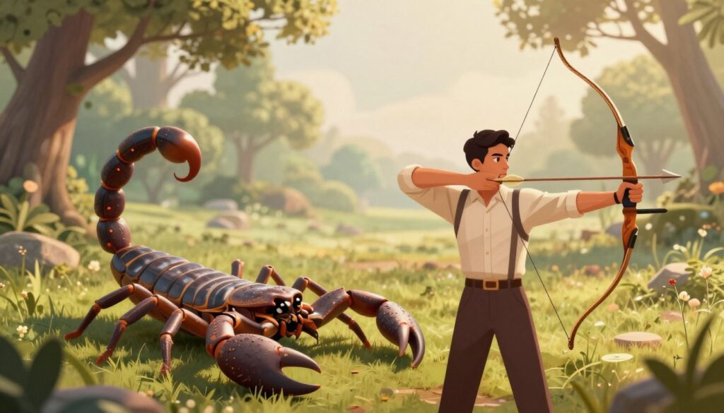 A symbolic representation of the astrological signs Sagittarius and Scorpio intertwined. In the foreground, a stylized archer aims an arrow, representing Sagittarius, with a determined and focused expression. The archer is dressed in elegant yet modest clothing that conveys professionalism. Beside them, a fierce scorpion rests, its powerful form detailed with intricate textures, symbolizing Scorpio's intensity. In the middle ground, a lush, serene landscape creates a backdrop, with soft lighting filtering through trees, giving an ethereal glow to the scene. The atmosphere is one of trust and loyalty, embodying a deep connection between the two signs, with warm, inviting colors that evoke feelings of unity and strength. The angle is slightly elevated, providing a dynamic perspective that enhances the relationship between the subjects.