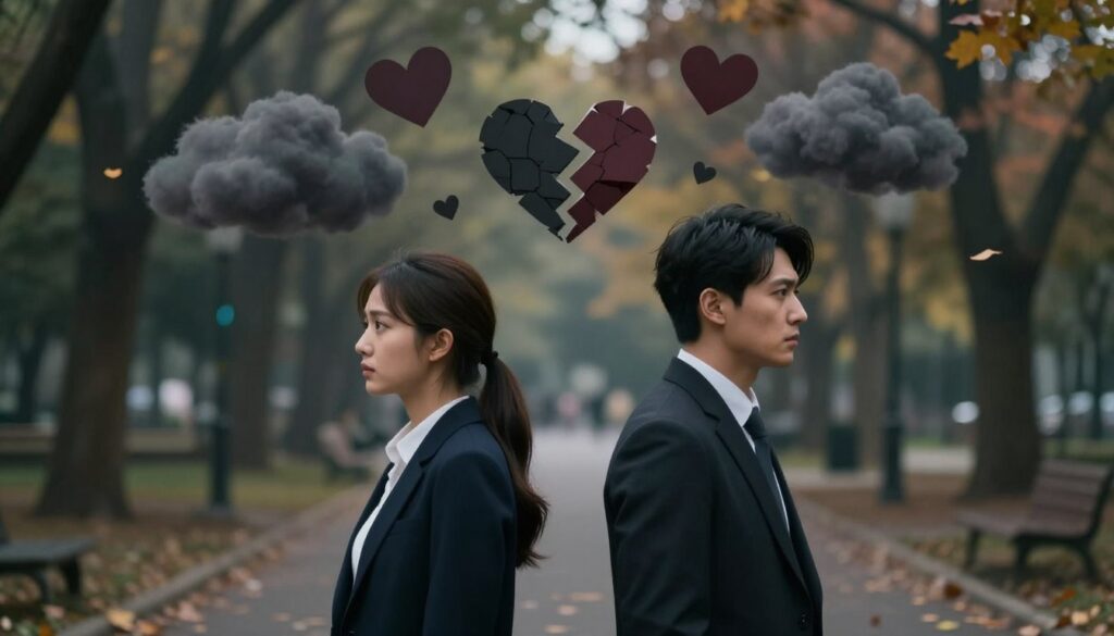 A symbolic representation of warning signs indicating instability in a romantic relationship. In the foreground, a couple stands facing away from each other, dressed in professional business attire, their expressions reflecting concern and distance. In the middle ground, fragmented heart symbols and dark clouds hover ominously above, symbolizing anxiety and lack of trust. The background features a blurred, dimly-lit park setting to create a somber atmosphere, with hints of autumn leaves falling, symbolizing change and uncertainty. Soft, diffused lighting casts a melancholic glow, highlighting the tension between the couple. The overall mood is introspective and serious, capturing the essence of emotional disconnection.