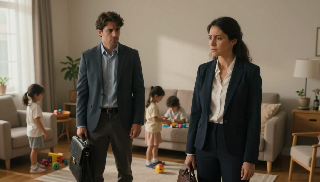 A tense and emotional family scene in a cozy yet cluttered living room, featuring a father and a mother in professional business attire. The father looks anxious, clutching a briefcase, while the mother appears conflicted, glancing at him with concern. In the background, children are quietly playing with their toys, unaware of the tension. Soft, warm lighting fills the room, casting gentle shadows that enhance the mood of uncertainty. The atmosphere is heavy and intimate, suggesting a mix of protection and fear, illustrating the duality of attachment and anxiety in familial relationships. The composition should capture the emotional complexity, focusing on the expressions and body language of the adults, while still showing the innocence of the children in a calm, everyday environment. A tense and emotional family scene in a cozy yet cluttered living room, featuring a father and a mother in professional business attire. The father looks anxious, clutching a briefcase, while the mother appears conflicted, glancing at him with concern. In the background, children are quietly playing with their toys, unaware of the tension. Soft, warm lighting fills the room, casting gentle shadows that enhance the mood of uncertainty. The atmosphere is heavy and intimate, suggesting a mix of protection and fear, illustrating the duality of attachment and anxiety in familial relationships. The composition should capture the emotional complexity, focusing on the expressions and body language of the adults, while still showing the innocence of the children in a calm, everyday environment.