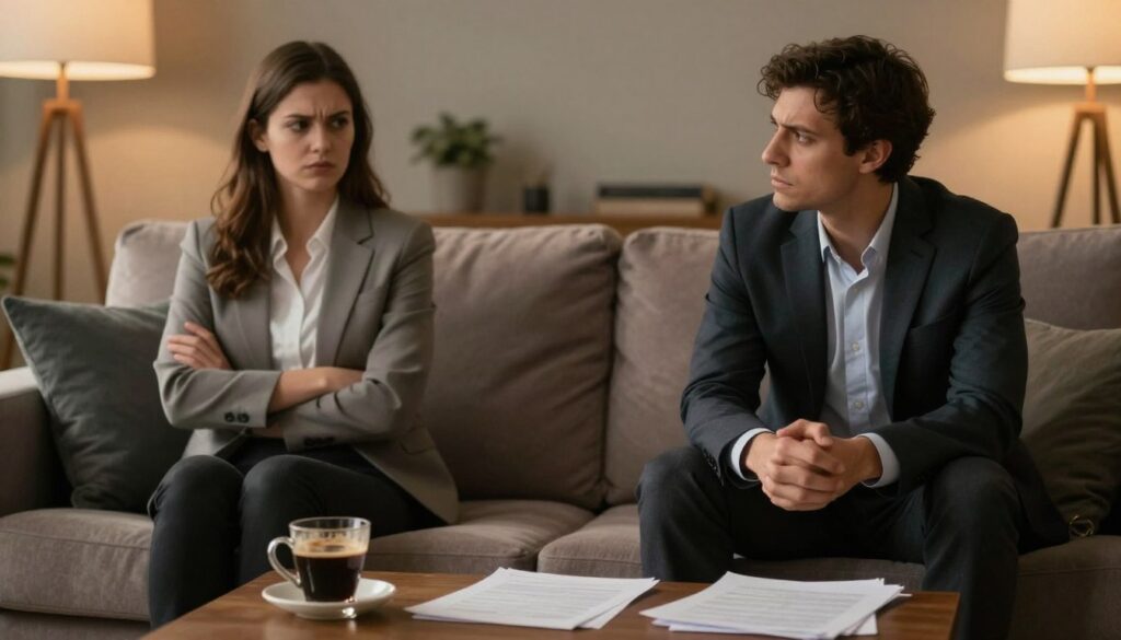 A tense atmosphere in a cozy living room setting, featuring a couple dressed in professional business attire, seated opposite each other on a plush sofa. The foreground shows their body language reflecting tension: crossed arms, averted gazes, and clenched hands. In the middle, a small coffee table with an untouched cup of coffee and a few scattered papers symbolizes unresolved issues. The background is softly illuminated by warm, ambient lighting, casting gentle shadows that enhance the mood of unspoken conflict. Use a shallow depth of field to focus on the couple's expressions while creating a blurred effect on the surroundings. The overall color palette should be warm but slightly muted, conveying a sense of discomfort and hidden emotions, with an angle that captures their distance from one another despite physical proximity. A tense atmosphere in a cozy living room setting, featuring a couple dressed in professional business attire, seated opposite each other on a plush sofa. The foreground shows their body language reflecting tension: crossed arms, averted gazes, and clenched hands. In the middle, a small coffee table with an untouched cup of coffee and a few scattered papers symbolizes unresolved issues. The background is softly illuminated by warm, ambient lighting, casting gentle shadows that enhance the mood of unspoken conflict. Use a shallow depth of field to focus on the couple's expressions while creating a blurred effect on the surroundings. The overall color palette should be warm but slightly muted, conveying a sense of discomfort and hidden emotions, with an angle that captures their distance from one another despite physical proximity.
