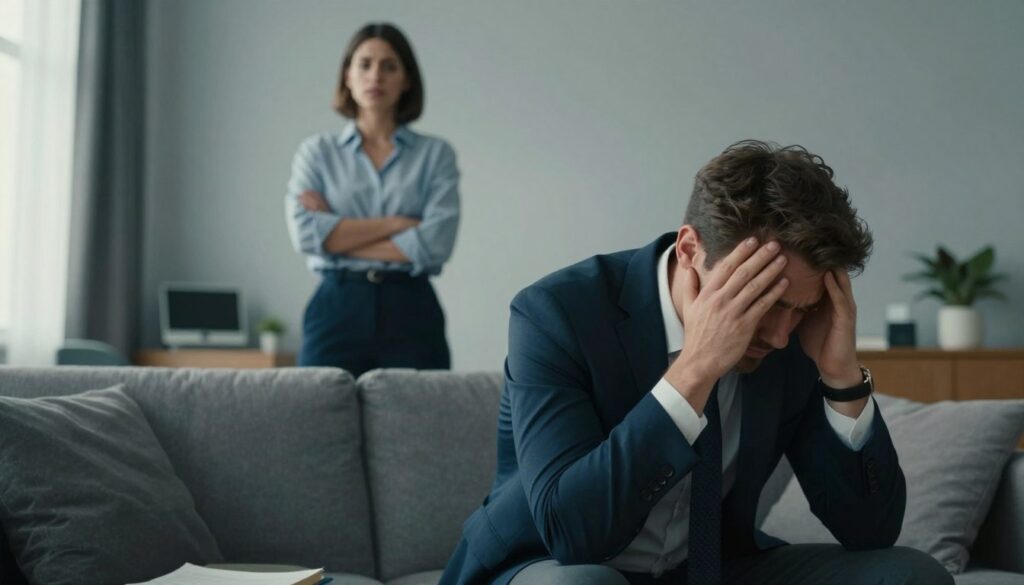 A tense, emotional scene showcasing a couple in a modern living room. In the foreground, a man in professional attire sits with his head in his hands, eyes closed, visibly frustrated. His body language conveys fatigue and emotional distress. In the middle ground, a woman stands nearby, arms crossed, looking concerned yet distant, reflecting the strain in their relationship. The background features a cluttered room with personal items, hinting at their shared life but also the chaos of unresolved issues. Soft, natural lighting filters through a window, casting gentle shadows that enhance the somber atmosphere, while the overall color palette leans towards muted blues and grays to emphasize the feeling of tension and disconnect.