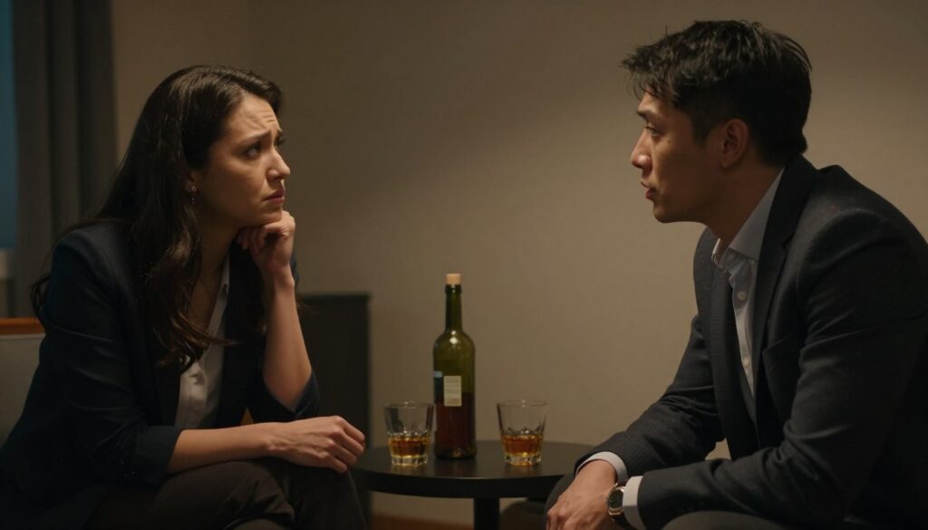 A tense indoor scene showcasing a couple engaged in a serious conversation, symbolizing the challenges of communication within a relationship affected by alcohol. The foreground features two individuals, a man and a woman, both dressed in professional attire, displaying expressions of concern and frustration. The middle ground includes a small, cluttered table with an open bottle and two glasses, subtly indicating the presence of alcohol. In the background, a dimly lit room creates an atmosphere of unease, with shadows cast by a single source of warm light, enhancing the emotional weight of the moment. The angle should be slightly tilted to convey a sense of discomfort and instability in the relationship. Overall, the composition reflects the complexity and tension of navigating communication challenges in such dynamics.