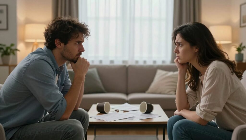A tense scene depicting a couple in a modern, cozy living room, illustrating an argument. The foreground features two individuals, a man and a woman, both wearing casual yet smart attire, facing each other with frustrated expressions. In the middle ground, a coffee table between them is cluttered with overturned coffee cups and a few scattered papers reflecting their stressed communication. The background showcases a warm, inviting room with soft lighting that creates a contrast to the tension, highlighting a large window with sheer curtains allowing natural light to filter in. The mood is charged with emotion, capturing the essence of conflict in relationships, while maintaining an overall sense of realism and relatability. A tense scene depicting a couple in a modern, cozy living room, illustrating an argument. The foreground features two individuals, a man and a woman, both wearing casual yet smart attire, facing each other with frustrated expressions. In the middle ground, a coffee table between them is cluttered with overturned coffee cups and a few scattered papers reflecting their stressed communication. The background showcases a warm, inviting room with soft lighting that creates a contrast to the tension, highlighting a large window with sheer curtains allowing natural light to filter in. The mood is charged with emotion, capturing the essence of conflict in relationships, while maintaining an overall sense of realism and relatability.