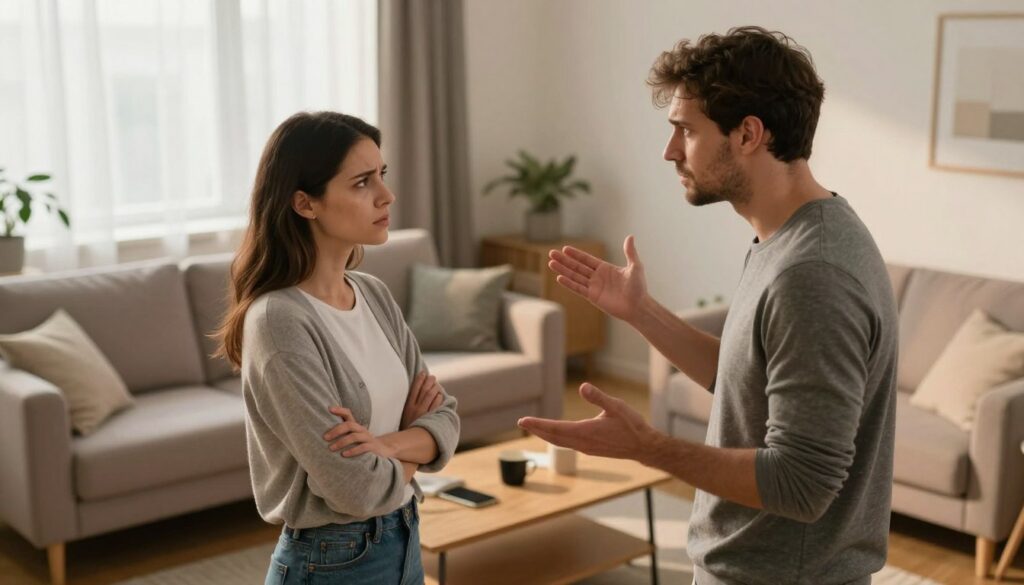 A tense yet intimate moment between two individuals in a modern living room, illustrating the impact of frequent arguments on relationships. In the foreground, a couple stands facing each other, their expressions a mix of frustration and concern, dressed in smart casual clothing. The woman has crossed arms, while the man gestures with an open hand, symbolizing a plea for understanding. In the middle, a cozy sofa and coffee table with a few scattered items, hinting at recent tensions. The background reveals soft lighting from a window, casting warm tones that contrast with the emotional intensity of the couple’s moment. The atmosphere conveys a sense of conflict but also the potential for resolution and connection, emphasizing the health and bond between partners. The angle captures the couple from slightly above, adding depth to their interaction. A tense yet intimate moment between two individuals in a modern living room, illustrating the impact of frequent arguments on relationships. In the foreground, a couple stands facing each other, their expressions a mix of frustration and concern, dressed in smart casual clothing. The woman has crossed arms, while the man gestures with an open hand, symbolizing a plea for understanding. In the middle, a cozy sofa and coffee table with a few scattered items, hinting at recent tensions. The background reveals soft lighting from a window, casting warm tones that contrast with the emotional intensity of the couple’s moment. The atmosphere conveys a sense of conflict but also the potential for resolution and connection, emphasizing the health and bond between partners. The angle captures the couple from slightly above, adding depth to their interaction.