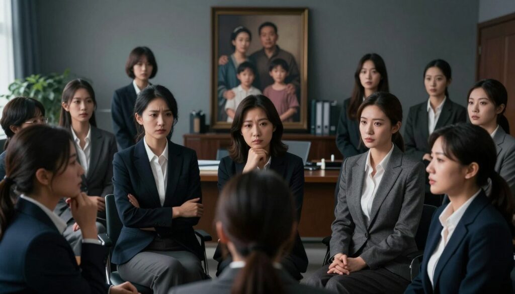 A thought-provoking scene illustrating the role of women in supporting patriarchal structures. In the foreground, depict a diverse group of women in professional business attire engaged in a conversation, their expressions reflecting both strength and contemplation. In the middle ground, show symbolic elements like traditional family portraits or office settings that illustrate traditional gender roles. The background should feature a subtly oppressive atmosphere, with dim lighting and muted colors that evoke a sense of restriction, yet there is a faint light breaking through, suggesting hope and change. The composition should be well-balanced, focusing on the women at the center and layering the background elements to reinforce the theme of societal constraints, all captured from a slightly elevated angle to add depth to the image.