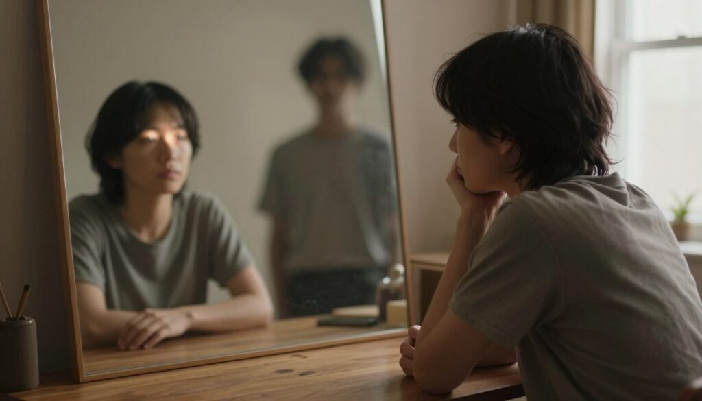 A thoughtful and introspective scene illustrating the concept of self-worth amidst the struggles of a toxic relationship. In the foreground, a person sits at a wooden table, gazing thoughtfully into a mirror, their reflection showing a faint glow of confidence while their expression is subdued. They wear modest casual clothing. In the middle ground, shadows loom of another figure, symbolizing the weight of a narcissistic partner, their features blurred to represent emotional obscurity. The background features a softly lit room with warm earth tones, creating a contrast between the coziness of the space and the heaviness of the mood. Natural light filters through a window, adding a sense of hope. The overall atmosphere conveys a journey of self-discovery and resilience.