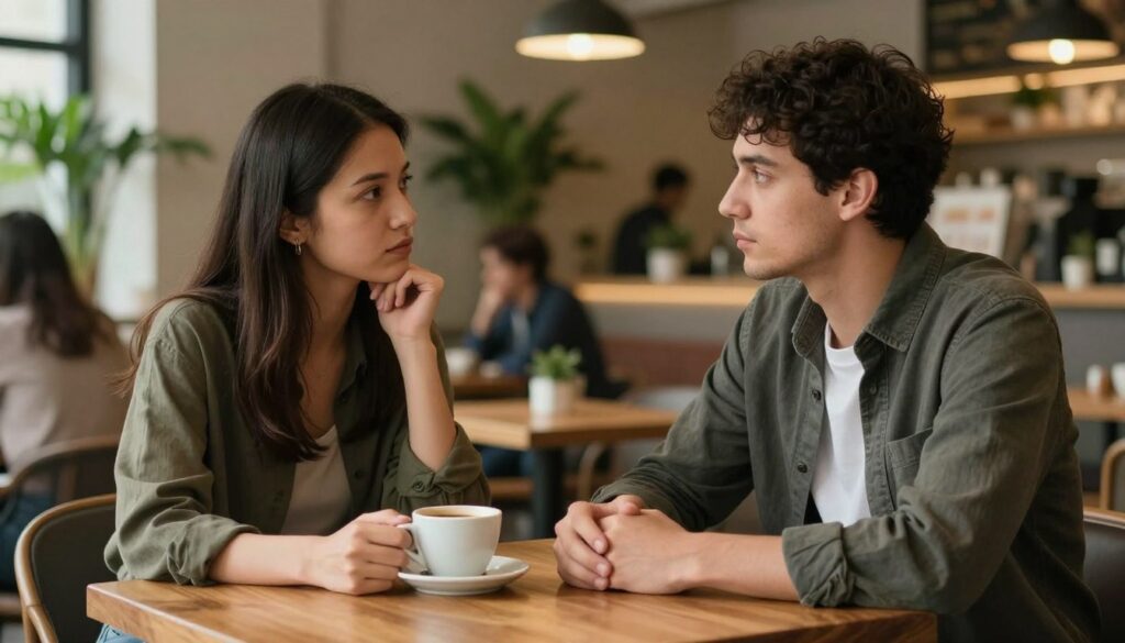 A thoughtful couple seated at a wooden table in a warmly lit café, engaged in a deep conversation. The foreground features their hands resting on the table, with one hand holding a coffee cup, symbolizing trust and openness. The couple, dressed in smart casual attire, exudes an air of contemplation and sincerity. In the middle ground, the café is softly decorated with potted plants and ambient lighting, creating a cozy atmosphere. The background showcases a blurred view of other patrons, hinting at a public setting but maintaining the couple's focus as the central theme. The overall mood is serious yet hopeful, embodying the complexities of trust and vulnerability in relationships. Use soft, warm lighting to enhance the emotional depth.