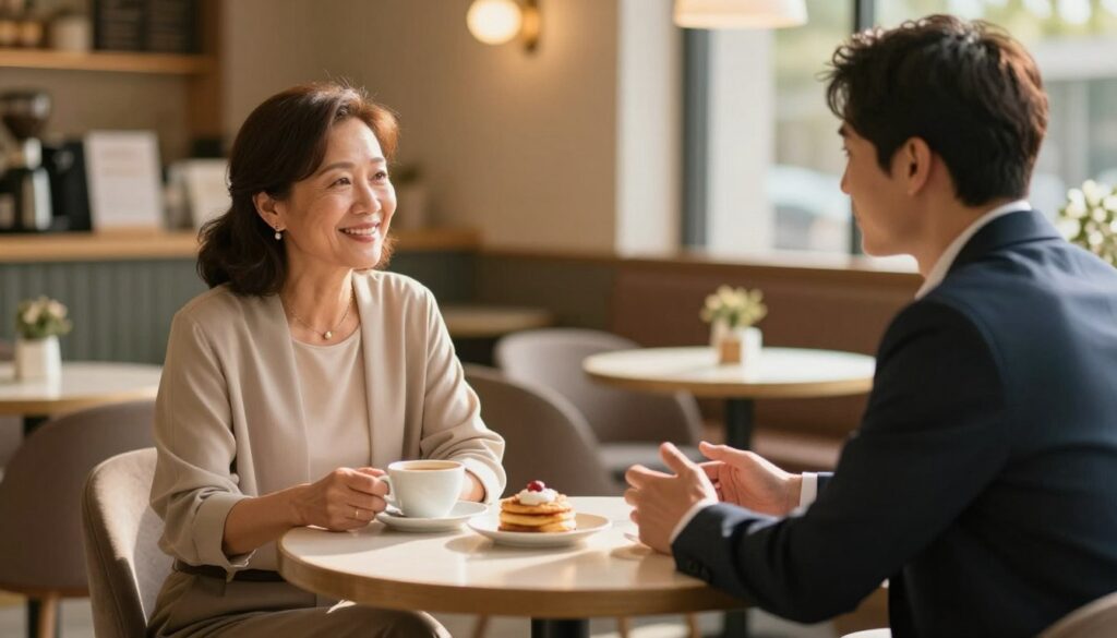 A thoughtful depiction of an age difference in a relationship, featuring two individuals in a warm, inviting café setting. In the foreground, a middle-aged woman with a friendly smile, dressed in a smart casual outfit, is seated across from a younger man, in professional attire, actively engaging in a meaningful conversation. The middle layer shows a beautifully set table with coffee cups and pastries, symbolizing connection and shared experiences. The background is softly blurred, showcasing a cozy café interior with warm lighting and gentle décor, creating an intimate atmosphere. Use natural light with a golden hour effect to enhance warmth and inclusivity. The mood should reflect openness, mutual respect, and a focus on communication, capturing the essence of key factors in building a successful relationship.