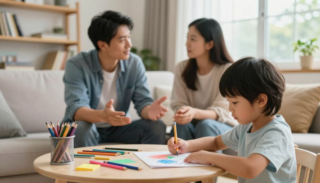 A thoughtful scene depicting a child, around six years old, sitting at a small table with art supplies, focused on drawing a picture. In the foreground, the child is using bright colors, showing creativity and self-expression. In the middle ground, two adults, a man and a woman, are interacting calmly, demonstrating effective conflict management, with body language indicating openness and understanding. The background features a cozy living room filled with soft lighting, a shelf with books about family dynamics, and a window showing a sunny day outside, creating a warm, inviting atmosphere. The scene should reflect harmony and collaboration, emphasizing the importance of communication and emotional support in relationships. Aim for natural light to enhance the feelings of positivity and connection. A thoughtful scene depicting a child, around six years old, sitting at a small table with art supplies, focused on drawing a picture. In the foreground, the child is using bright colors, showing creativity and self-expression. In the middle ground, two adults, a man and a woman, are interacting calmly, demonstrating effective conflict management, with body language indicating openness and understanding. The background features a cozy living room filled with soft lighting, a shelf with books about family dynamics, and a window showing a sunny day outside, creating a warm, inviting atmosphere. The scene should reflect harmony and collaboration, emphasizing the importance of communication and emotional support in relationships. Aim for natural light to enhance the feelings of positivity and connection.
