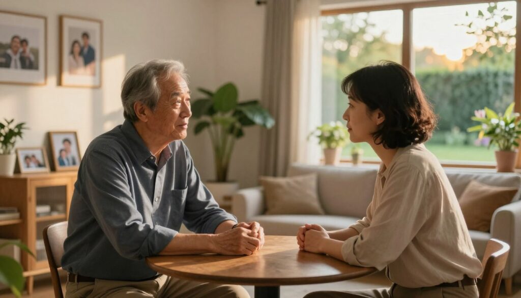 A thoughtful scene depicting a widower and his partner in a cozy, intimate setting, symbolizing their journey together. In the foreground, the couple sits at a small wooden table, engaged in a deep conversation, both wearing casual yet professional clothing, conveying trust and warmth. The middle ground shows a softly lit living room adorned with family photos and plants, illustrating a blend of remembrance and new beginnings. In the background, a window reveals a peaceful garden, bathed in golden hour light, enhancing the serene mood. The atmosphere is reflective yet hopeful, capturing the essence of building a shared future while honoring the past. The image should evoke feelings of love, understanding, and patience in relationships.
