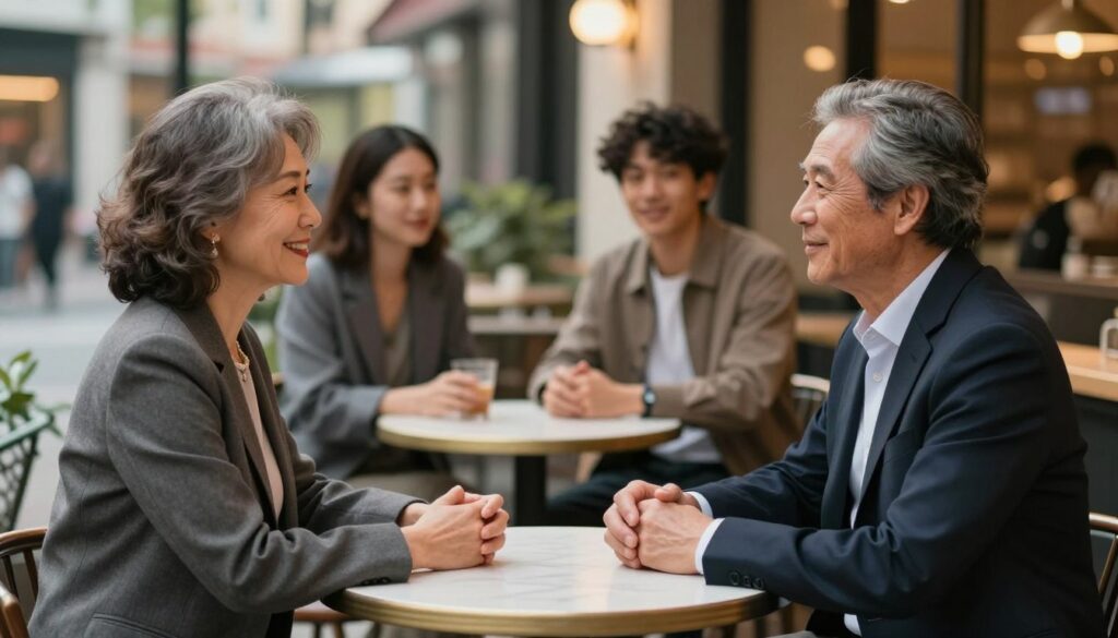 A thoughtful scene depicting the concept of age difference in relationships. In the foreground, a middle-aged couple is engaged in a conversation, dressed in professional business attire, conveying mutual respect and understanding. The man, with salt-and-pepper hair, and the woman, with a warm smile, are seated at a stylish café table. In the middle ground, younger friends are observing them, an image of generational dynamics, showcasing interactions between diverse age groups. The background features a warm and inviting urban street, softly illuminated by evening light, creating a cozy atmosphere. Use a shallow depth of field to focus on the couple while gently blurring the background. The overall mood should be reflective and optimistic, hinting at the complexities and strengths of age-diverse relationships.