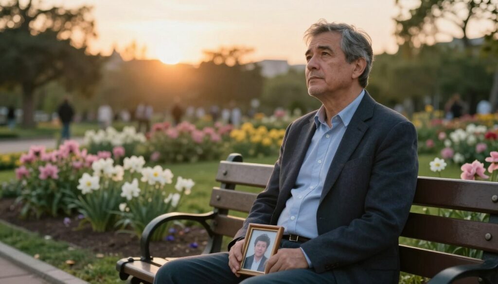 A thoughtful scene featuring a middle-aged man sitting on a park bench, dressed in a smart, casual outfit, reflecting a mix of nostalgia and hope. In the foreground, he gazes towards the ground, lost in thought, with a small, framed photo of a loved one resting on his knee. The middle ground showcases a blooming garden, signifying renewal and emotional growth, with soft pink and white flowers. In the background, the sun sets gently, casting a warm golden hue and creating a serene atmosphere. The lighting is soft and warm, enhancing the reflective mood, while a shallow depth of field focuses on the man, hinting at the emotional challenges of moving forward while honoring the past.