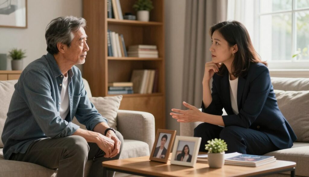 A thoughtful scene illustrating a couple with a significant age difference, seated in a cozy living room, deep in conversation. The foreground features a middle-aged man in smart casual attire, listening intently, while the woman, significantly younger, wears a professional business outfit, thoughtfully gesturing. The middle layer includes a coffee table adorned with personal items like framed photos and a small plant, symbolizing their shared life. The background reveals a soft-lit bookshelf, suggesting a warm and inviting atmosphere, with sunlight streaming through a window, casting gentle shadows. The overall mood is reflective and intimate, capturing the complexities and challenges of their relationship as they navigate their life together.