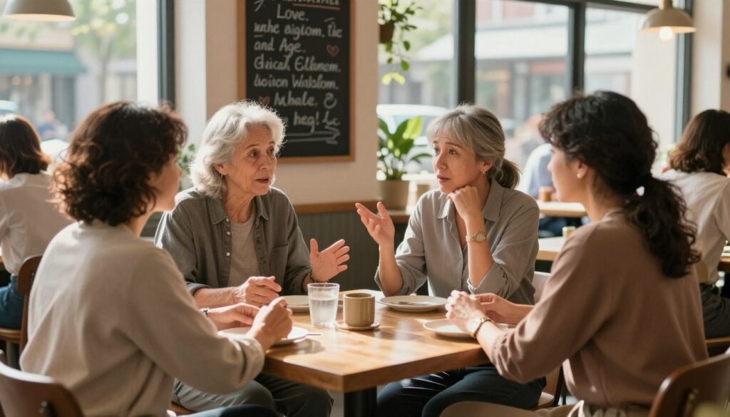 A thoughtful scene illustrating the lessons women learn from relationships with older men, set in a cozy, well-lit café. In the foreground, a diverse group of three women in modest casual attire, engaged in a deep conversation, reflecting a range of emotions from curiosity to empowerment. One woman gestures expressively, while another listens intently, creating a sense of camaraderie. In the middle ground, a chalkboard displays key phrases about love, age, and wisdom, while the sunlight streams in through a large window, casting warm, inviting light. In the background, other patrons and soft greenery add to the relaxed atmosphere, emphasizing connection and understanding, highlighting the strength and lessons taught through life experiences in such relationships. The angle is slightly elevated, capturing both the intimate interaction and the bustling café environment.