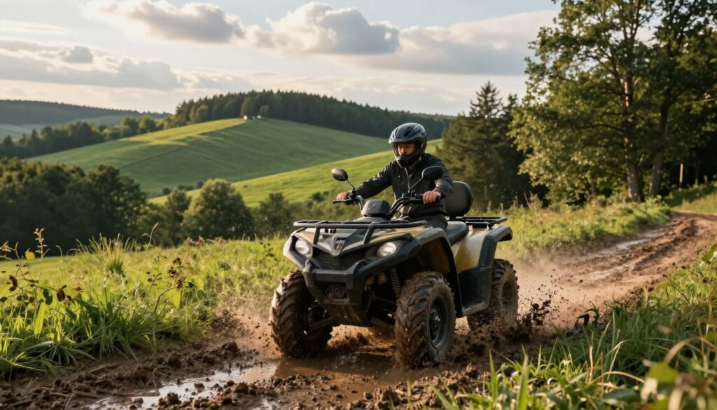 A thrilling off-road adventure scene set in the picturesque landscape around Legnica, Poland. In the foreground, a rugged all-terrain vehicle navigates a muddy trail with splashes of water and mud visible, showcasing the excitement of the journey. In the middle ground, lush green hills and dense forests provide a vibrant backdrop, illuminated by soft, golden afternoon sunlight filtering through the trees. The sky above is dotted with fluffy clouds, adding depth to the scene. Capture the thrill and enjoyment of adventure in a way that feels both exhilarating and serene. The overall mood is one of exploration and natural beauty, inviting viewers to imagine themselves in this unforgettable outdoor experience.
