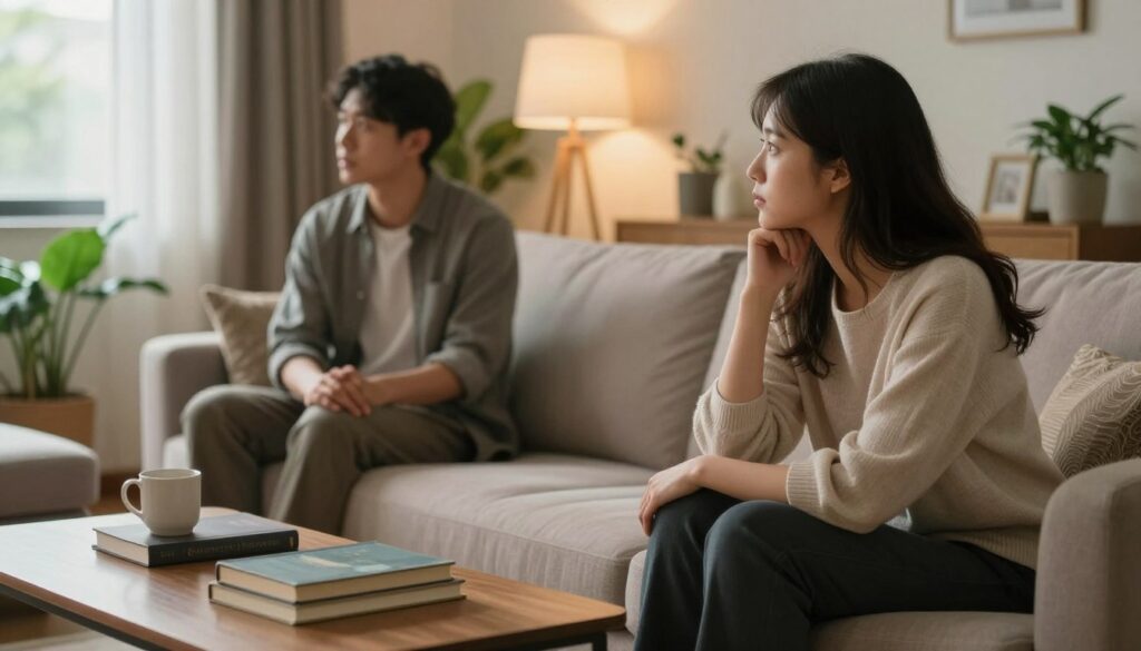 A tranquil living room scene depicting a couple navigating challenges in their relationship, focusing on one partner, an introvert, who is thoughtfully gazing out of a window. The introverted partner, dressed in comfortable yet professional attire, is surrounded by cozy furnishings like a soft sofa and warm lighting from a nearby lamp. In the foreground, a coffee table with a couple of books reflects the partner's introspective nature. In the middle ground, the other partner, more extroverted, actively engages in a conversation, showcasing a mix of concern and understanding. The background reveals a peaceful, softly lit room, filled with plants that symbolize growth and understanding. The mood should be warm and reflective, highlighting the complexities and challenges in their relationship. A tranquil living room scene depicting a couple navigating challenges in their relationship, focusing on one partner, an introvert, who is thoughtfully gazing out of a window. The introverted partner, dressed in comfortable yet professional attire, is surrounded by cozy furnishings like a soft sofa and warm lighting from a nearby lamp. In the foreground, a coffee table with a couple of books reflects the partner's introspective nature. In the middle ground, the other partner, more extroverted, actively engages in a conversation, showcasing a mix of concern and understanding. The background reveals a peaceful, softly lit room, filled with plants that symbolize growth and understanding. The mood should be warm and reflective, highlighting the complexities and challenges in their relationship.