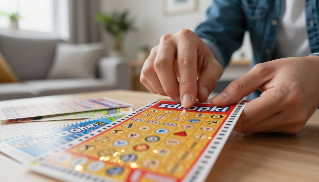 A vibrant and colorful close-up of a scratch-off lottery ticket, known as "zdrapki." The foreground features the ticket with intricate designs and vivid colors that reflect excitement, such as bright golds, reds, and blues. The middle ground includes a pair of hands, wearing casual yet professional attire, gently scratching off the ticket, revealing hidden symbols and prizes beneath. In the background, a cozy, well-lit living room setting enhances the atmosphere, with soft sunlight filtering through the window, illuminating the scene. The mood is playful and optimistic, conveying a sense of hope and surprise, perfectly encapsulating the joy of discovering possibilities in everyday life. The composition is intimate, focusing on the ticket and hands while keeping the environment inviting and relatable.