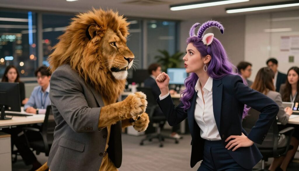 A vibrant and dynamic scene depicting a power struggle for attention in a professional setting. In the foreground, two individuals, a confident lion character with a commanding presence and a sprightly Gemini figure, both in stylish business attire, engage in a playful yet competitive interaction. Their expressions convey both intensity and flirtation. The middle ground features a bustling office environment with colleagues observing the interaction, adding to the atmosphere of intrigue and tension. In the background, soft-focus cityscape lights twinkle, enhancing the urban energy. The lighting is warm and inviting, casting gentle shadows that create depth. The overall mood is charged with excitement, reflecting the playful competition for attention. The composition highlights the connection between the characters as they navigate their dynamic relationship. A vibrant and dynamic scene depicting a power struggle for attention in a professional setting. In the foreground, two individuals, a confident lion character with a commanding presence and a sprightly Gemini figure, both in stylish business attire, engage in a playful yet competitive interaction. Their expressions convey both intensity and flirtation. The middle ground features a bustling office environment with colleagues observing the interaction, adding to the atmosphere of intrigue and tension. In the background, soft-focus cityscape lights twinkle, enhancing the urban energy. The lighting is warm and inviting, casting gentle shadows that create depth. The overall mood is charged with excitement, reflecting the playful competition for attention. The composition highlights the connection between the characters as they navigate their dynamic relationship.