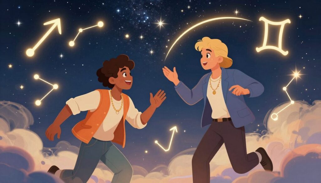 A vibrant and enchanting scene illustrating the fascination of astrology, featuring two symbolic figures representing Sagittarius and Gemini. In the foreground, a cheerful Sagittarian figure, dressed in casual, stylish attire, is engaged in a lively conversation with a Gemini figure, who wears smart-casual clothing and has a whimsical expression. The figures are surrounded by swirling constellations and zodiac symbols, emphasizing their dynamic interactions. In the middle ground, a starry night sky is filled with shimmering stars, enhancing the astrological theme. The background features soft, ethereal clouds, reflecting a sense of freedom and movement. The lighting is warm and inviting, with a slight glow emanating from the constellations, creating an atmosphere of wonder and connection.