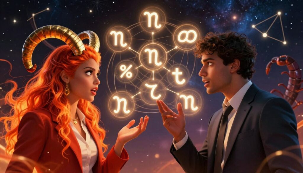 A vibrant and symbolic representation of communication illustrated through zodiac signs. In the foreground, two figures representing Aries and Scorpio are shown engaged in deep conversation, capturing their intense emotions and passion. Aries, with fiery colors and bold features, wears professional attire, reflecting confidence, while Scorpio, in darker hues, exudes mystery and depth, also dressed in formal wear. The middle ground features ethereal symbols of the zodiac signs intertwined, glowing softly to symbolize communication and connection, surrounded by swirling lines that represent energy exchange. In the background, a cosmic starry sky reflects the astrological theme, with constellations subtly visible. The lighting is warm and inviting, creating a harmonious atmosphere that emphasizes the importance of communication in building lasting bonds. The angle is slightly tilted upwards, giving a sense of expansion and depth. A vibrant and symbolic representation of communication illustrated through zodiac signs. In the foreground, two figures representing Aries and Scorpio are shown engaged in deep conversation, capturing their intense emotions and passion. Aries, with fiery colors and bold features, wears professional attire, reflecting confidence, while Scorpio, in darker hues, exudes mystery and depth, also dressed in formal wear. The middle ground features ethereal symbols of the zodiac signs intertwined, glowing softly to symbolize communication and connection, surrounded by swirling lines that represent energy exchange. In the background, a cosmic starry sky reflects the astrological theme, with constellations subtly visible. The lighting is warm and inviting, creating a harmonious atmosphere that emphasizes the importance of communication in building lasting bonds. The angle is slightly tilted upwards, giving a sense of expansion and depth.